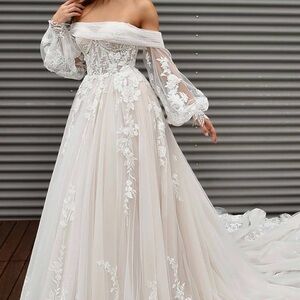 Martina Liana Cream Off-Shoulder Bishop Sleeve Wedding Gown